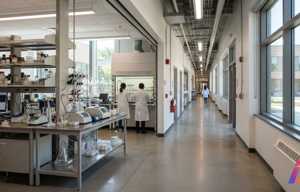 Cena 3D navegável se estendendo a partir de uma única fotografia em laboratório universitário iluminado por luz natural, com ambiente tridimensional se formando à frente do observador