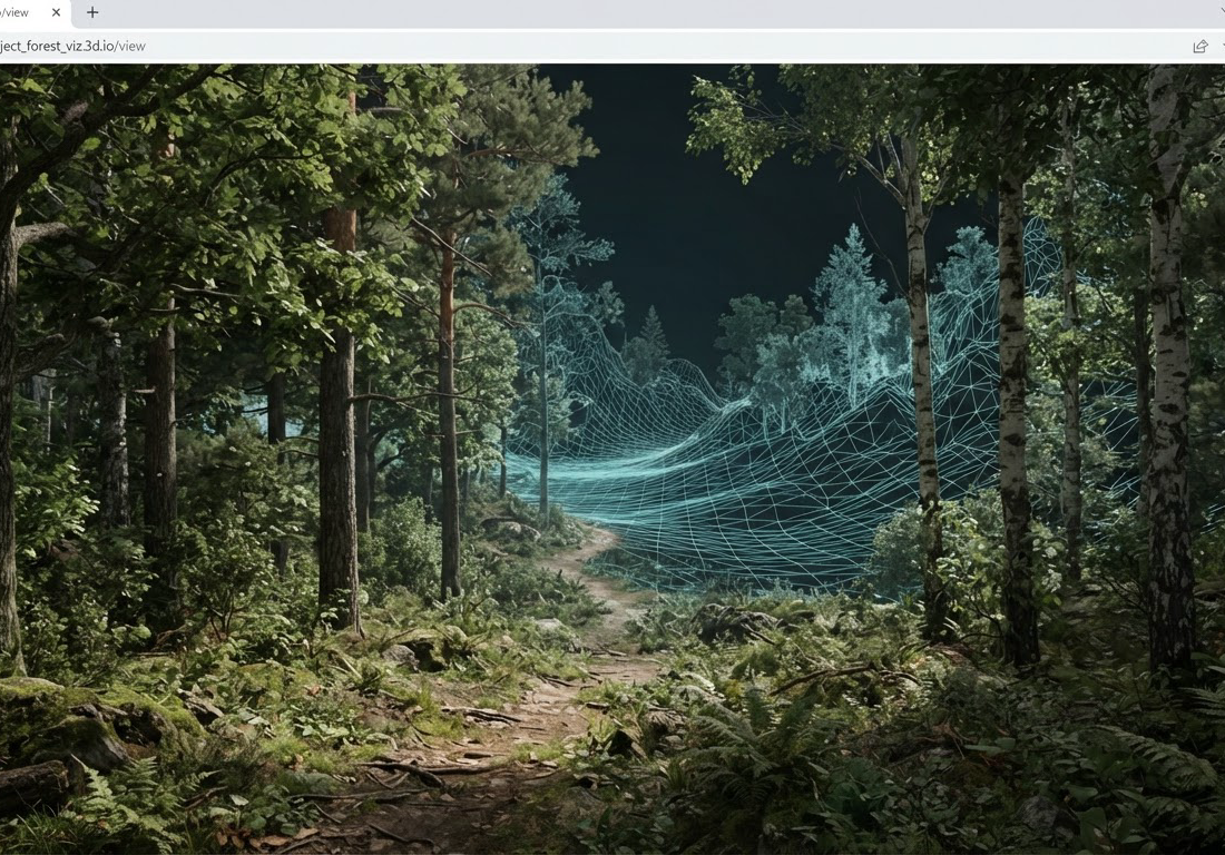 Renderização 3D em navegador de floresta fotográfica que se estende sobre malha tridimensional incompleta ao fundo, sob luz de estúdio neutra