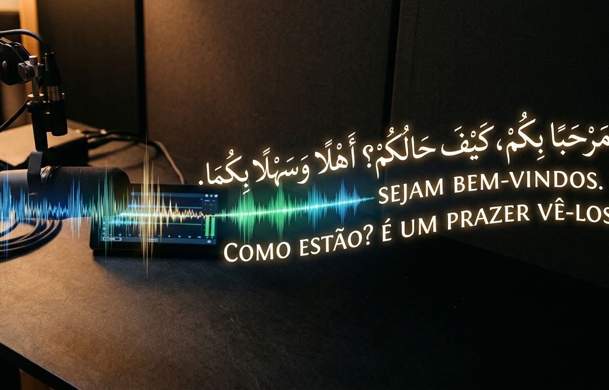 Ondas sonoras de fala em árabe e português se transformando em linhas de texto escrito, em close sobre fundo escuro.