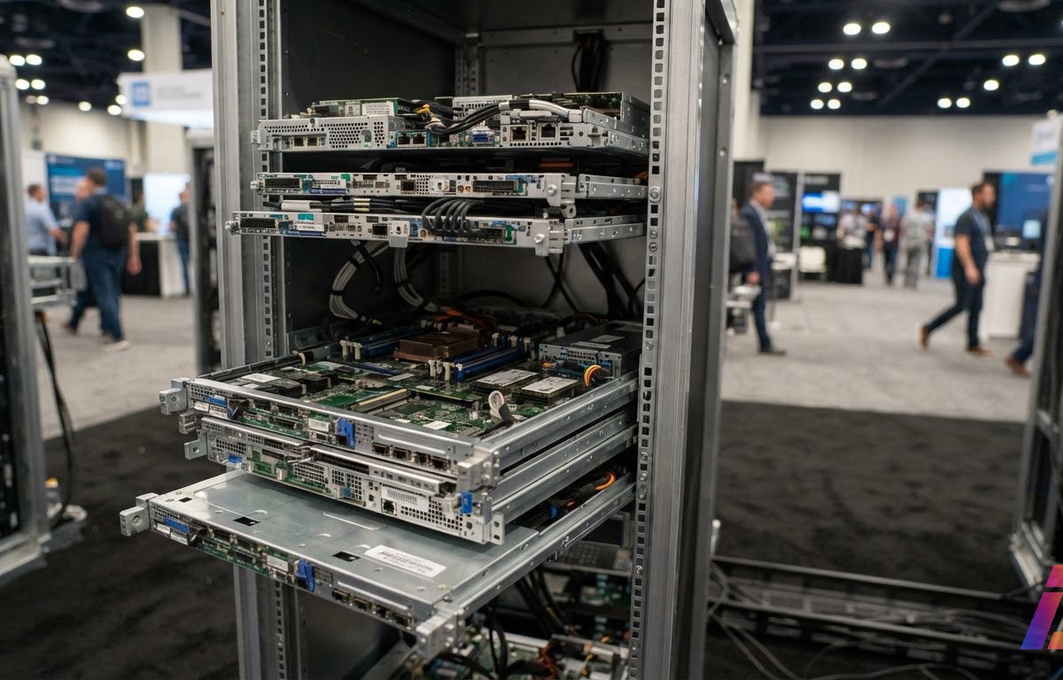 Bandeja de computação MGX com módulos expostos, sem tampas, empilhada em rack aberto no salão de exposição do OCP Global Summit, sob luz industrial neutra sobre o metal escovado.