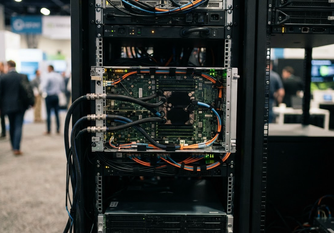 Bandeja de computação MGX da arquitetura Vera Rubin encaixada em rack de data center, com conexão de refrigeração líquida blind-mate acoplada ao circuito de água durante o OCP Global Summit.