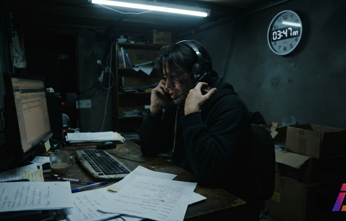 Golpista com headset em longa ligação, sentado em escritório improvisado durante a madrugada, com roteiro anotado à mesa e relógio de parede marcando horas avançadas, sob luz fria.