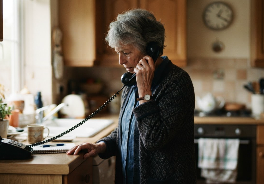 Mulher idosa de cabelos grisalhos conversa ao telefone fixo na cozinha, com expressão hesitante durante uma longa ligação.