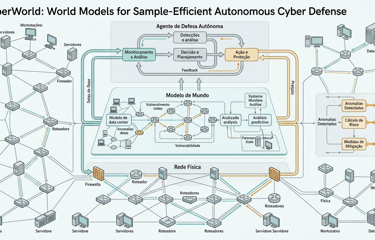 Diagrama esquemático de rede digital com nós interconectados por linhas finas em tons de azul-petróleo e pontos de destaque em âmbar sobre fundo claro.