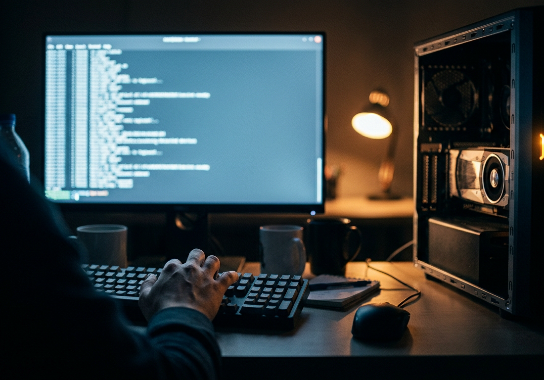 Fotografia noturna de uma mesa de trabalho vista em ângulo elevado, com a mão de uma pessoa pousada sobre um teclado mecânico diante de um monitor que emite brilho azulado de terminal fora de foco. À direita, um gabinete de servidor aberto