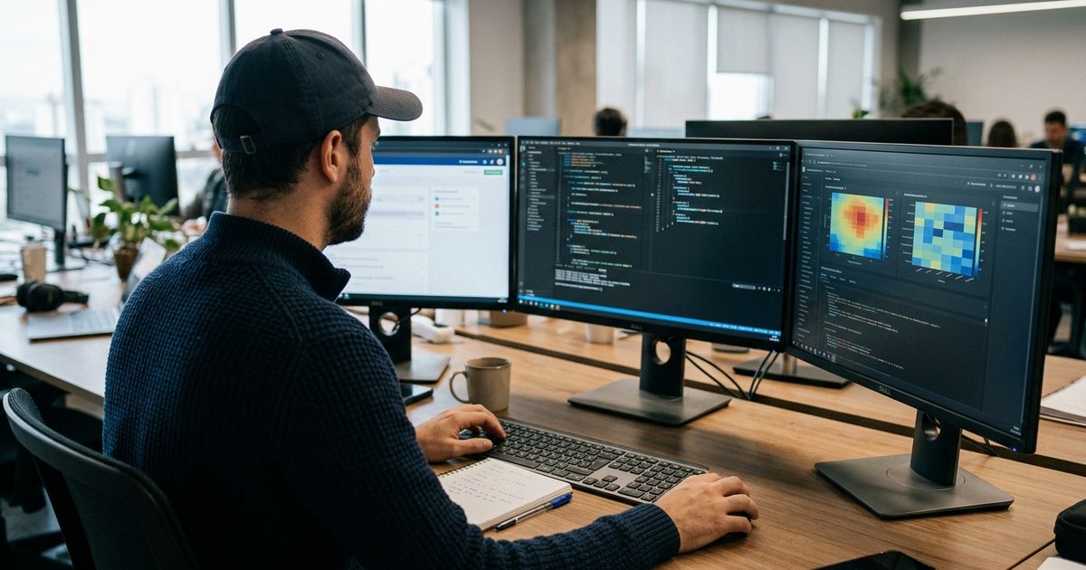 Profissional visto de costas ou de perfil sutil em um escritório iluminado, operando múltiplos monitores com linhas de código e gráficos abstratos em tons azul-petróleo e âmbar.