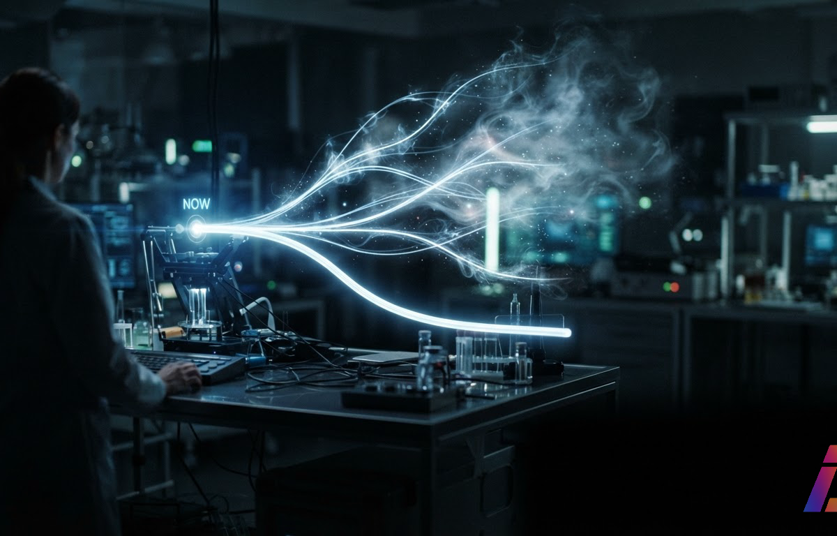 Linha do tempo luminosa que se bifurca em múltiplas trajetórias futuras sobre fundo escuro de laboratório, com alguns caminhos sólidos e contínuos e outros se dissolvendo gradualmente em névoa difusa