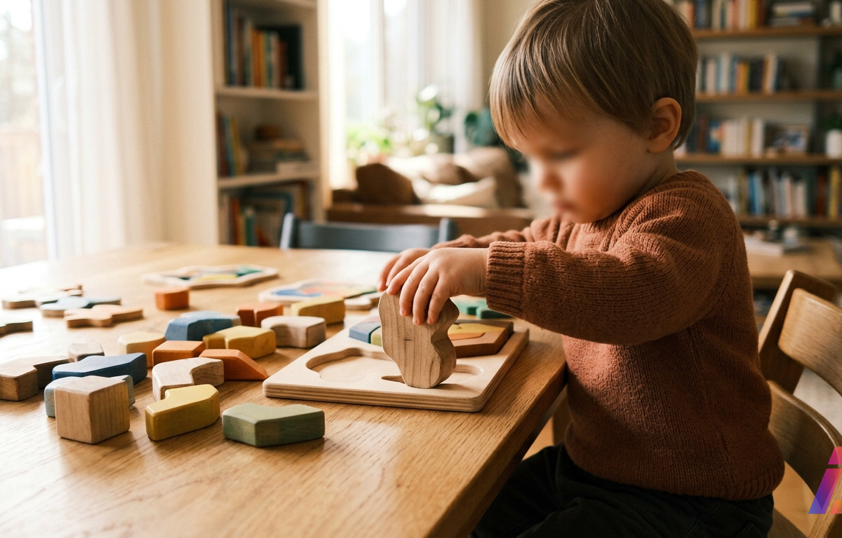 Mão de adulto segurando uma maçã vermelha grande encaixada de forma torta em uma lancheira infantil aberta sobre uma bancada de madeira, com uma lanterna pequena e uma garrafinha de água deixadas ao lado, em uma cozinha iluminada pela luz q
