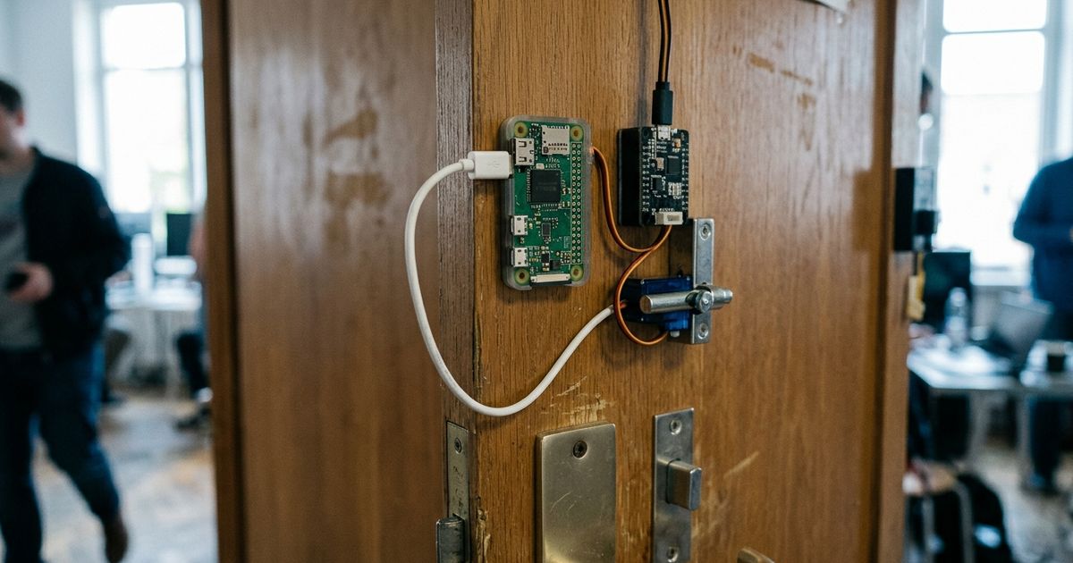 Mecanismo de fechadura eletrônica instalado em porta clara de madeira, interligado a uma placa de circuito integrada por fiação discreta sob iluminação natural.