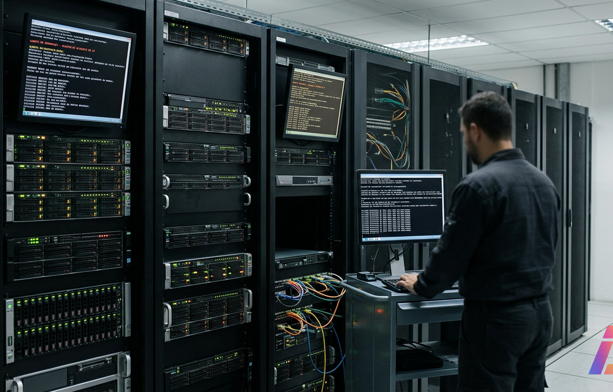 Corredor de centro de processamento de dados com fileiras de racks de servidores e luzes indicadoras em operação.