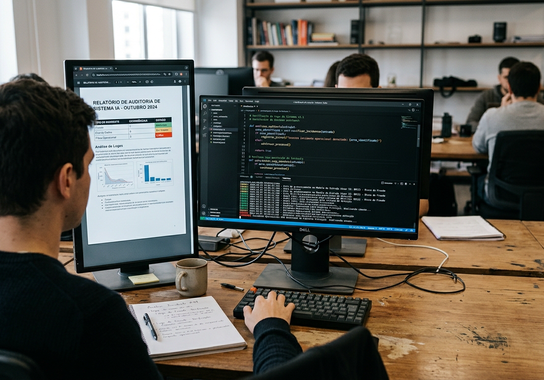 Mesa de trabalho com monitores exibindo linhas de código e documentos técnicos impressos sobre auditoria de sistemas de computação.