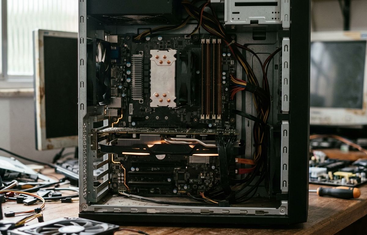 Interior de gabinete de computador aberto exibindo placa de vídeo dedicada com iluminação suave, dissipadores de calor e módulos de memória RAM instalados na placa-mãe
