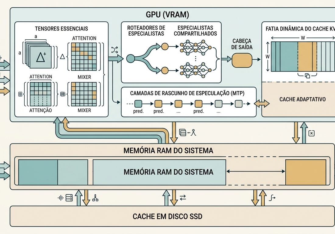 Diagrama esquemático horizontal com fundo claro ilustrando a divisão técnica de camadas entre VRAM, memória RAM e armazenamento SSD, destacado por blocos funcionais e conectores sutis em tons de azul-petróleo e âmbar.
