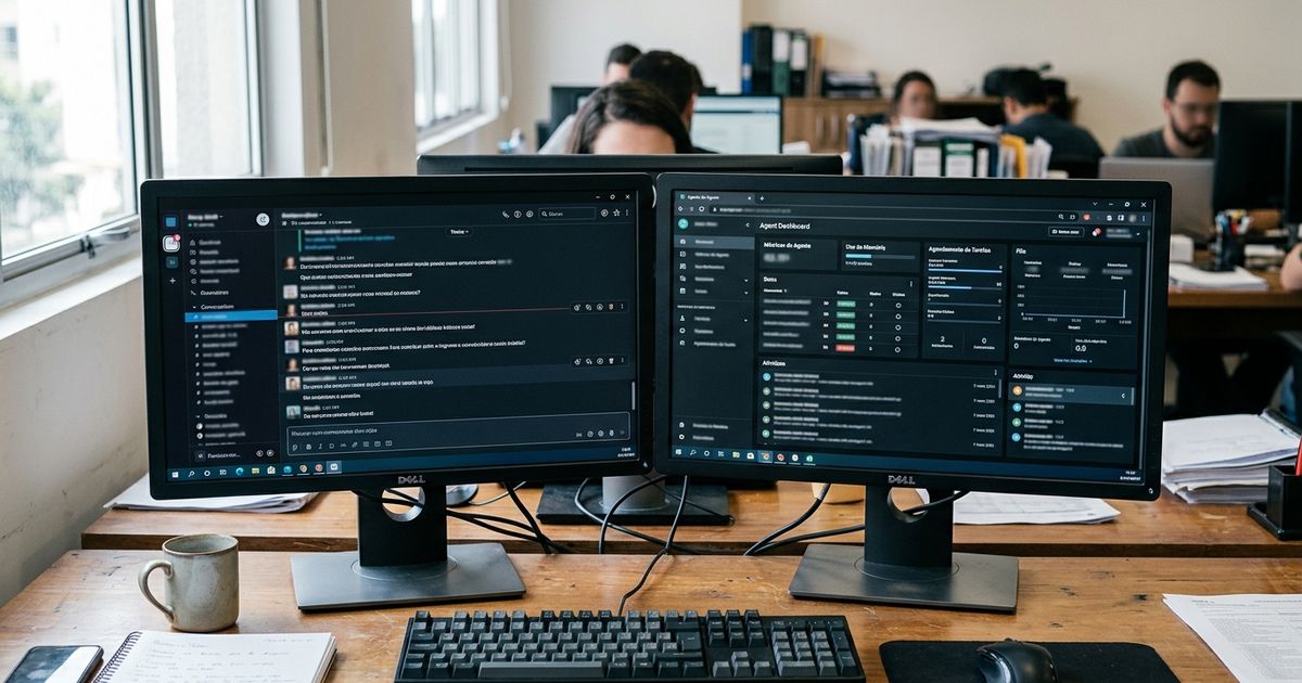 Dois monitores sobre mesa de trabalho em ambiente claro, um exibindo interface de conversa com várias janelas de canais e outro mostrando painel de agente com gráficos de uso de memória e agenda de tarefas, com teclado e caderno ao lado.