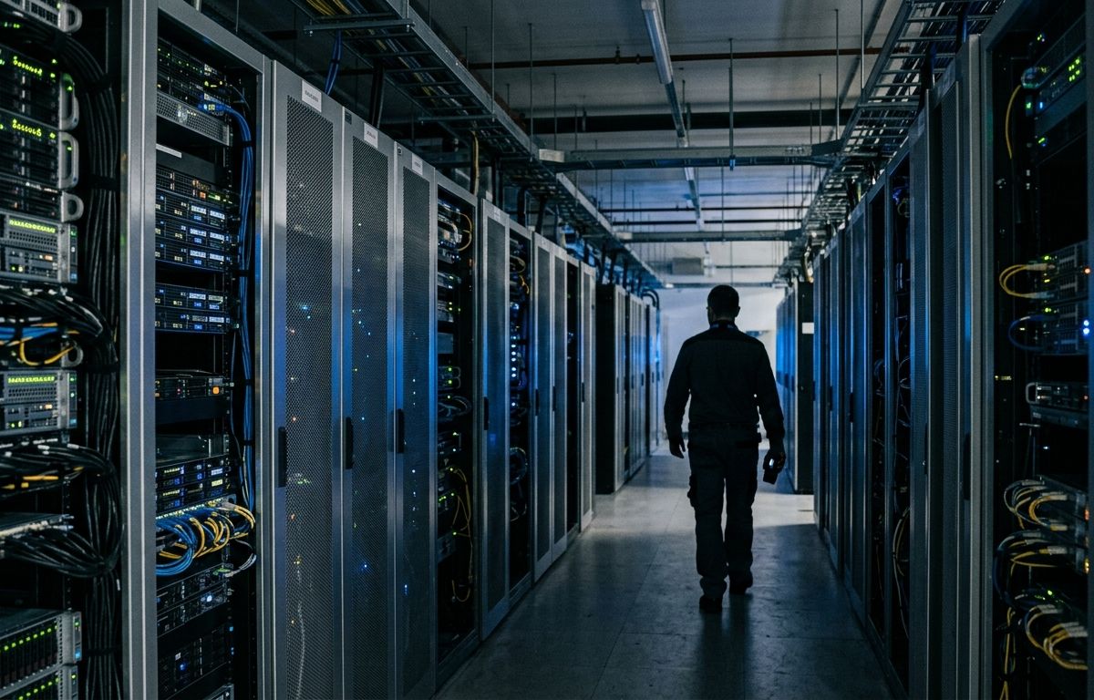 Corredor simétrico de um centro de processamento de dados com fileiras de racks de servidores de alta densidade iluminados por luzes técnicas azuladas e cabos organizados.
