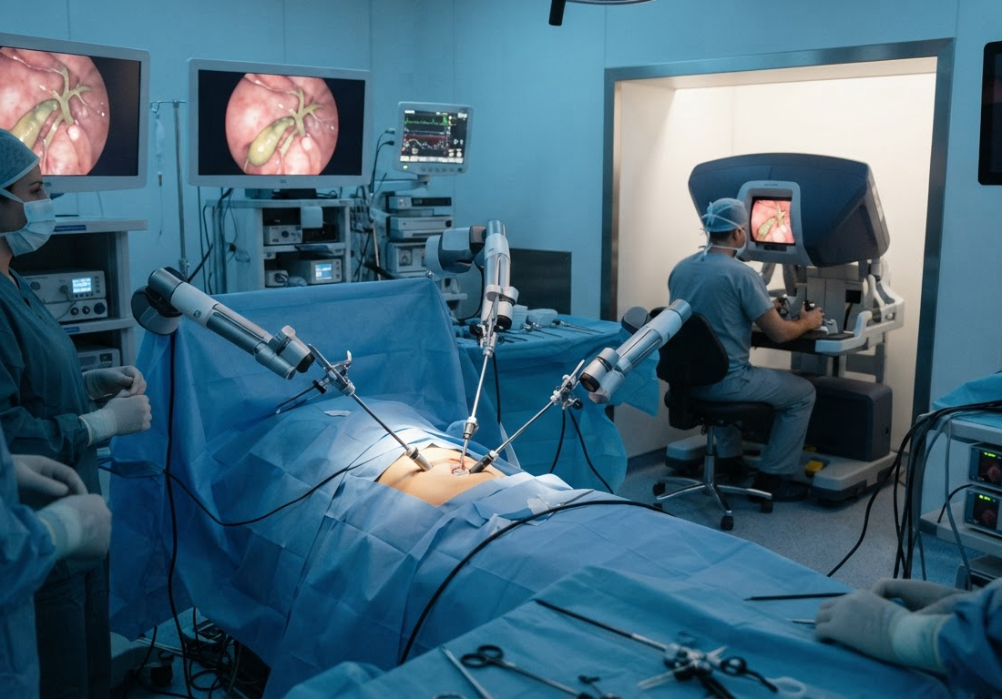 Braços robóticos posicionados sobre paciente em cirurgia laparoscópica, com cirurgião sentado diante de um console aberto ao fundo da sala, sob luz fria