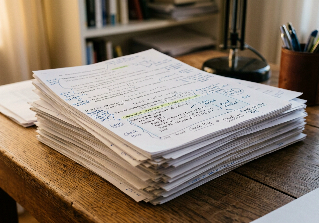 Pilha de provas matemáticas impressas com anotações manuscritas à margem sobre uma escrivaninha de madeira, iluminada por luz suave de fim de tarde, com trechos de código de verificação formal marcados em uma das páginas.