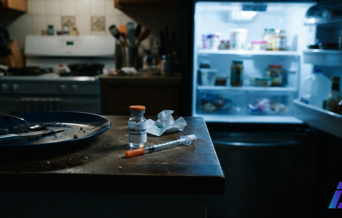 Frasco sem rótulo e seringa de insulina sobre bancada de cozinha ao lado de um prato vazio com migalhas, iluminados à noite pela luz da geladeira aberta