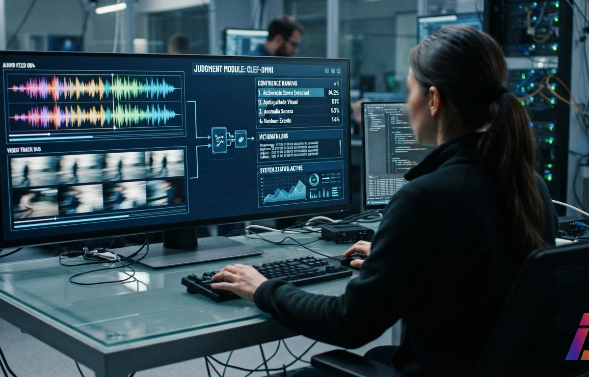 Formas de onda de áudio e quadros de vídeo fluem para uma interface escura que exibe alternativas de resposta com percentuais de probabilidade, em composição editorial sobre avaliação multimodal