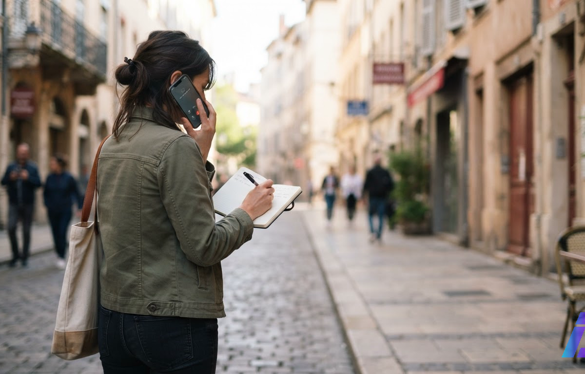 Mulher em uma calçada de Lyon, sob luz da manhã, fala ao celular enquanto anota uma data em um caderno apoiado na mão.