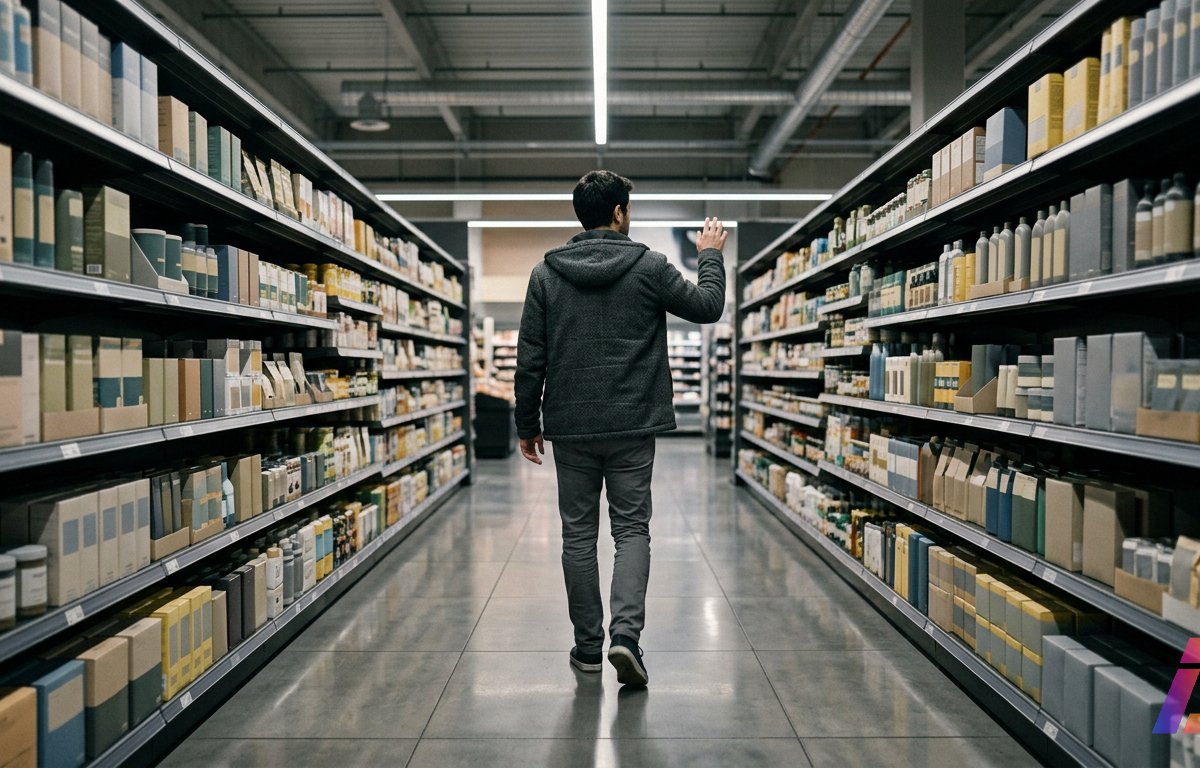 Pessoa de costas em um corredor simétrico de supermercado contemporâneo, hesitando com a mão estendida em direção a uma prateleira com embalagens neutras sob iluminação difusa.