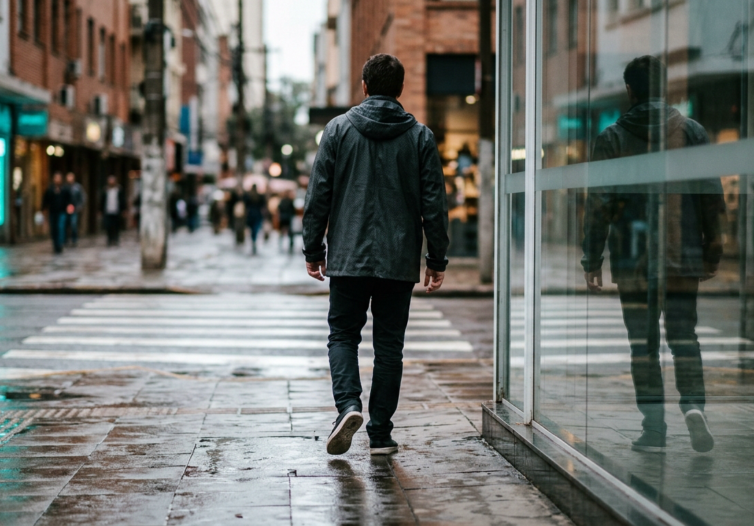 Pessoa de casaco escuro vista de costas caminhando em calçada molhada diante de uma encruzilhada urbana, com reflexos no asfalto e em vitrine ao entardecer