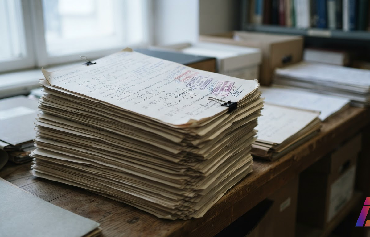 Pilha de manuscritos matemáticos impressos com provas simbólicas densas e carimbos de verificação sobre parte das páginas, sobre um balcão de repositório aberto com luz fria lateral.