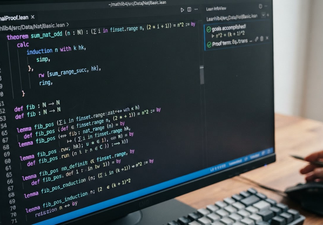 Tela com arquivo de prova formal em Lean exibindo teoremas matemáticos escritos em código verificável, com passos lógicos checados e aceitos pelo verificador.