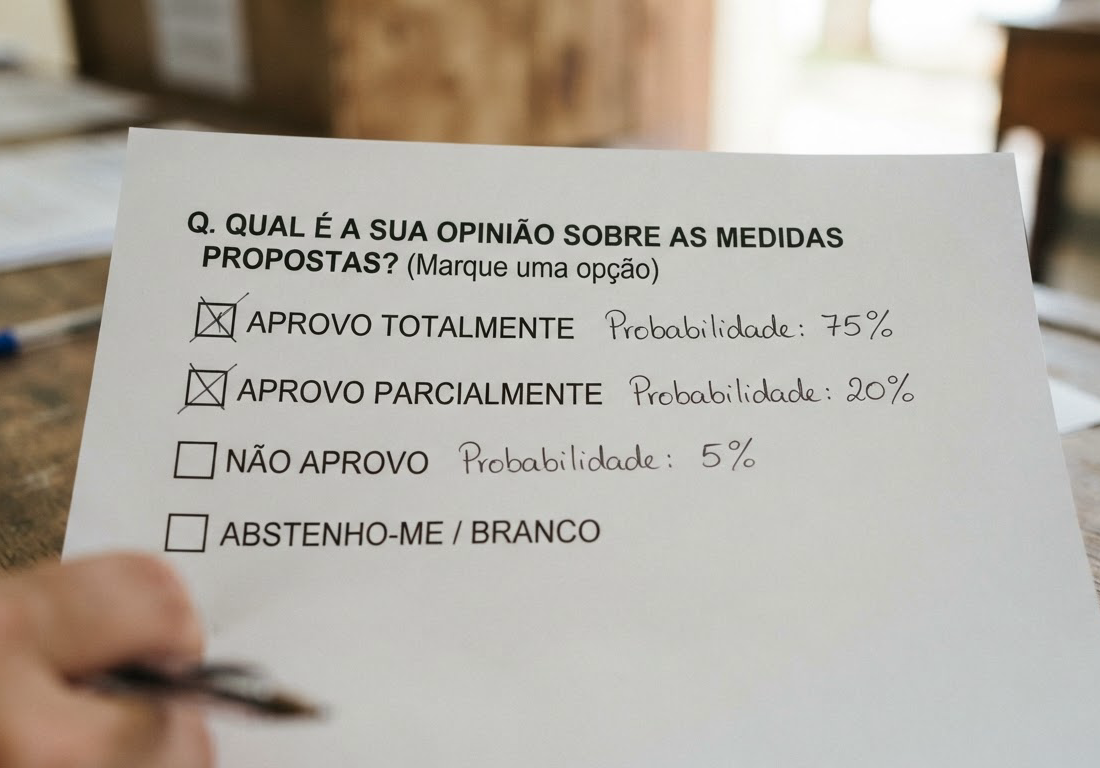 Folha de papel impressa sobre uma mesa, exibindo uma pergunta de escolha fechada com três opções anotadas com percentuais de probabilidade e uma linha adicional de abstenção, com o canto inferior direito livre