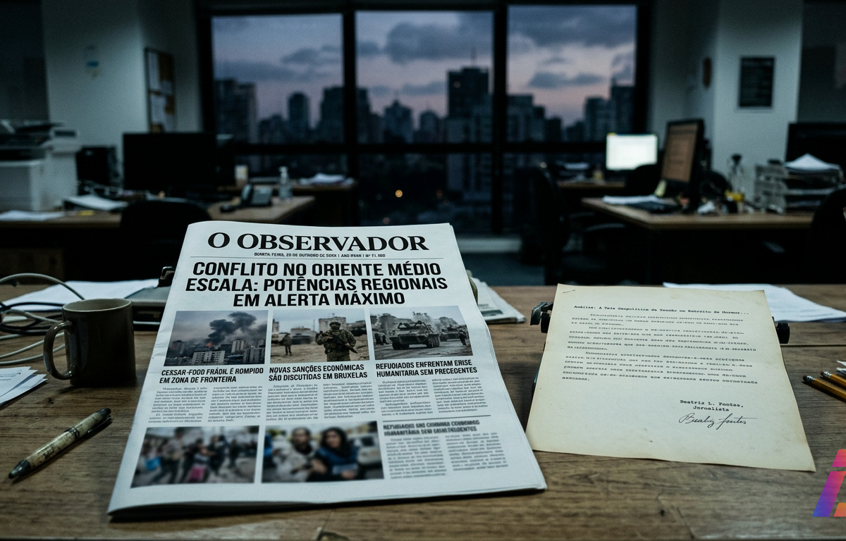 Primeira página de jornal impresso com manchete geopolítica ao lado de uma folha datilografada assinada com nome de jornalista inexistente, sob luz fria de redação ao anoitecer, em composição realista sem texto legível, logotipos ou rostos