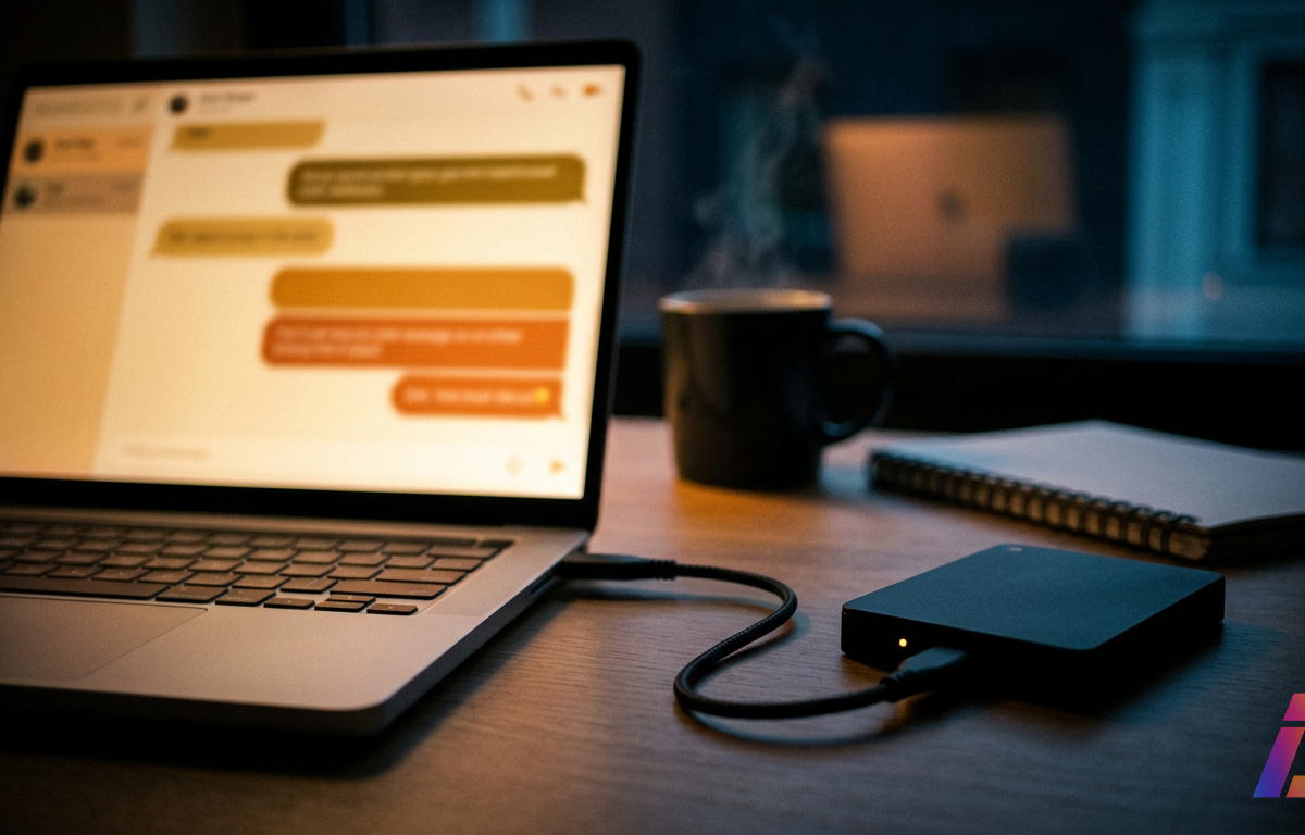 Mesa de trabalho caseira à noite com laptop aberto à esquerda emitindo brilho âmbar com balões de conversa desfocados na tela, HD externo preto com LED aceso à direita, caneca fumegante e caderno ao fundo, reflexo da tela em janela escura.