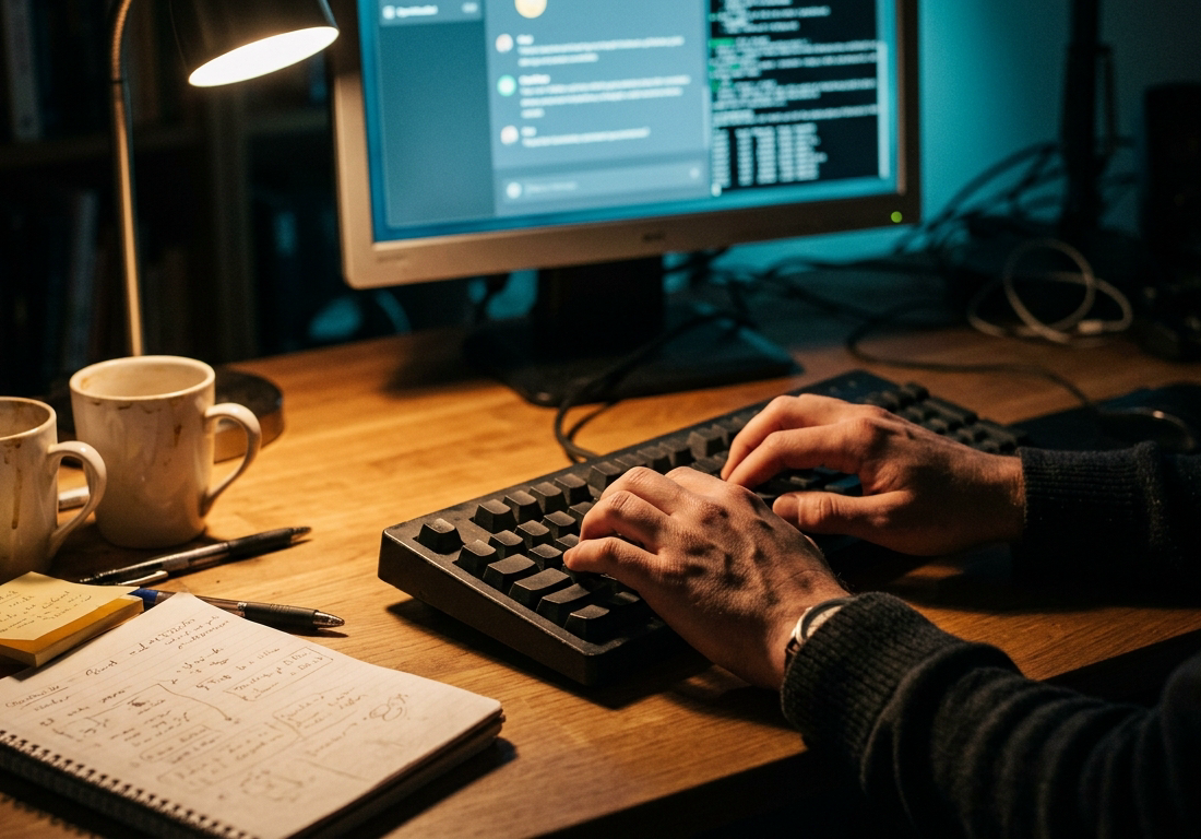 Fotografia noturna de um escritório doméstico de programador: mãos adultas digitam em um teclado mecânico iluminadas por um brilho azul-esverdeado frio vindo da tela fora de foco ao fundo, enquanto uma luminária de mesa derrama luz quente s