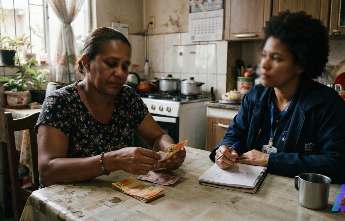 Pesquisadora com prancheta conversa com uma trabalhadora que conta cédulas de dinheiro sobre a mesa de uma cozinha simples, iluminada pela luz natural de uma janela; os rostos não aparecem com nitidez.
