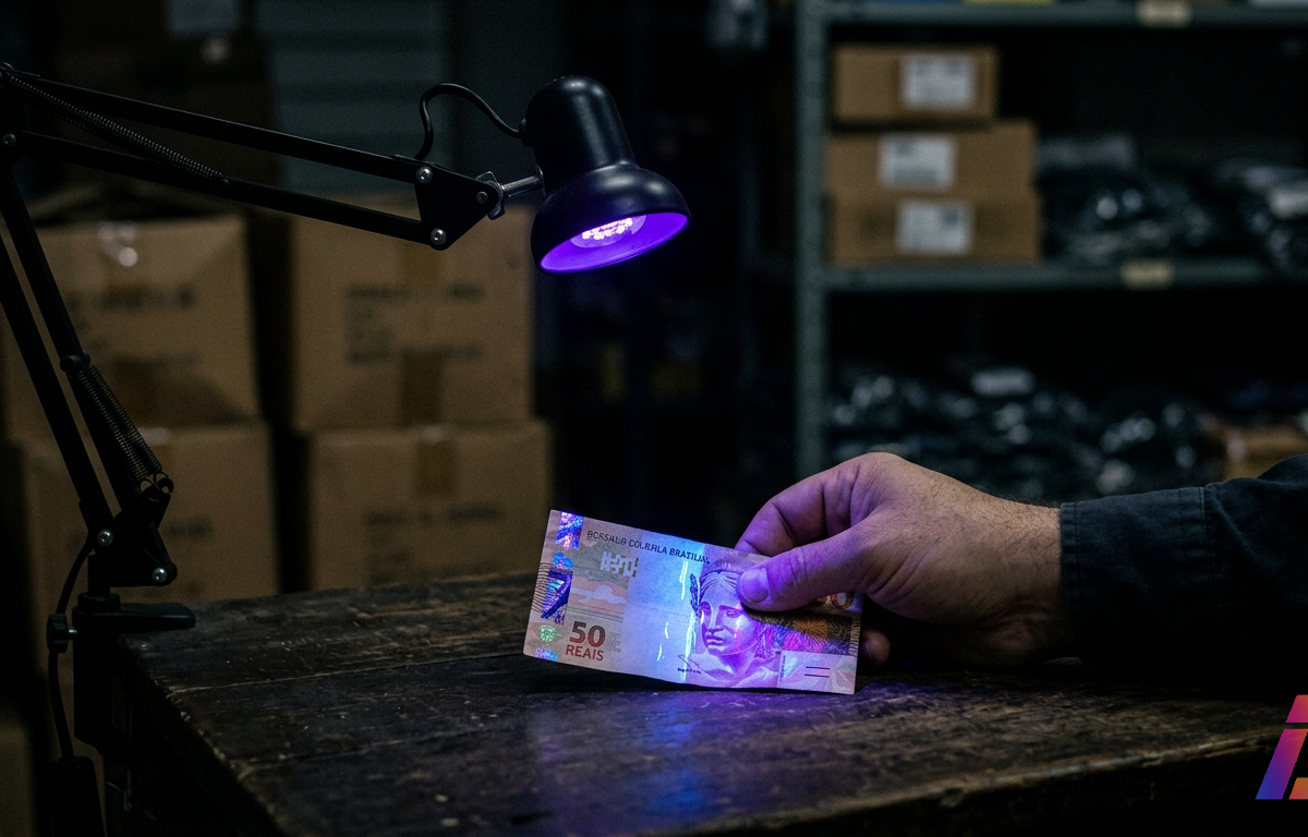 Fotografia noturna em penumbra mostra uma mão adulta, vista do punho aos dedos, segurando uma cédula sobre o balcão de madeira envelhecida de uma loja fechada. Uma lâmpada ultravioleta de suporte articulado projeta luz violeta sobre uma fai