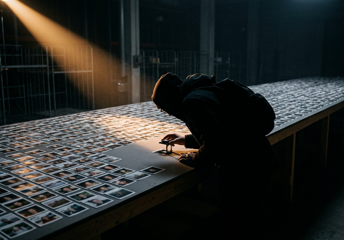 Pessoa em silhueta, vista de costas e curvada sobre uma mesa comprida coberta por milhares de pequenas impressões fotográficas idênticas dispostas em linhas que se perdem na escuridão, segurando uma lupa de vidro sobre uma única foto ilumin