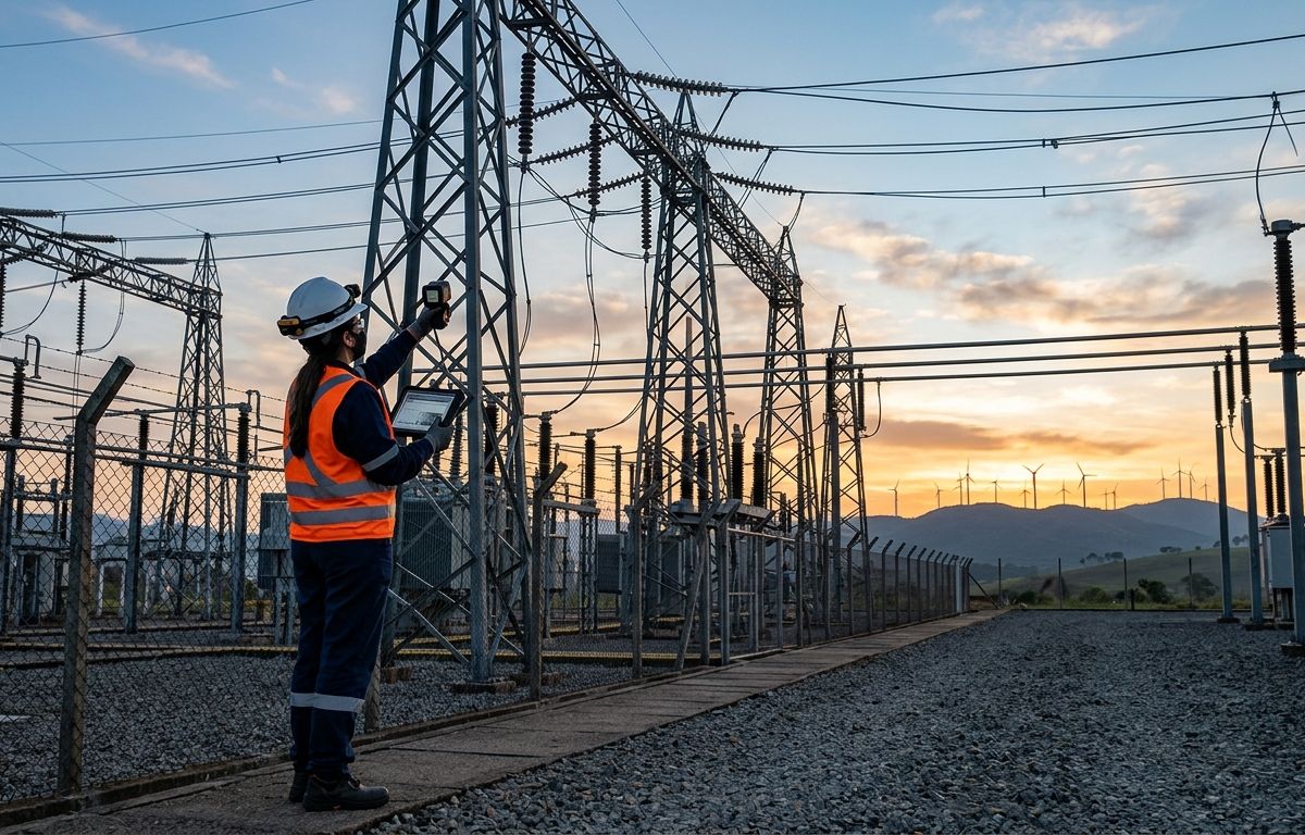 Subestação elétrica ao amanhecer com engenheiro de costas analisando linhas de transmissão e turbinas eólicas ao fundo.