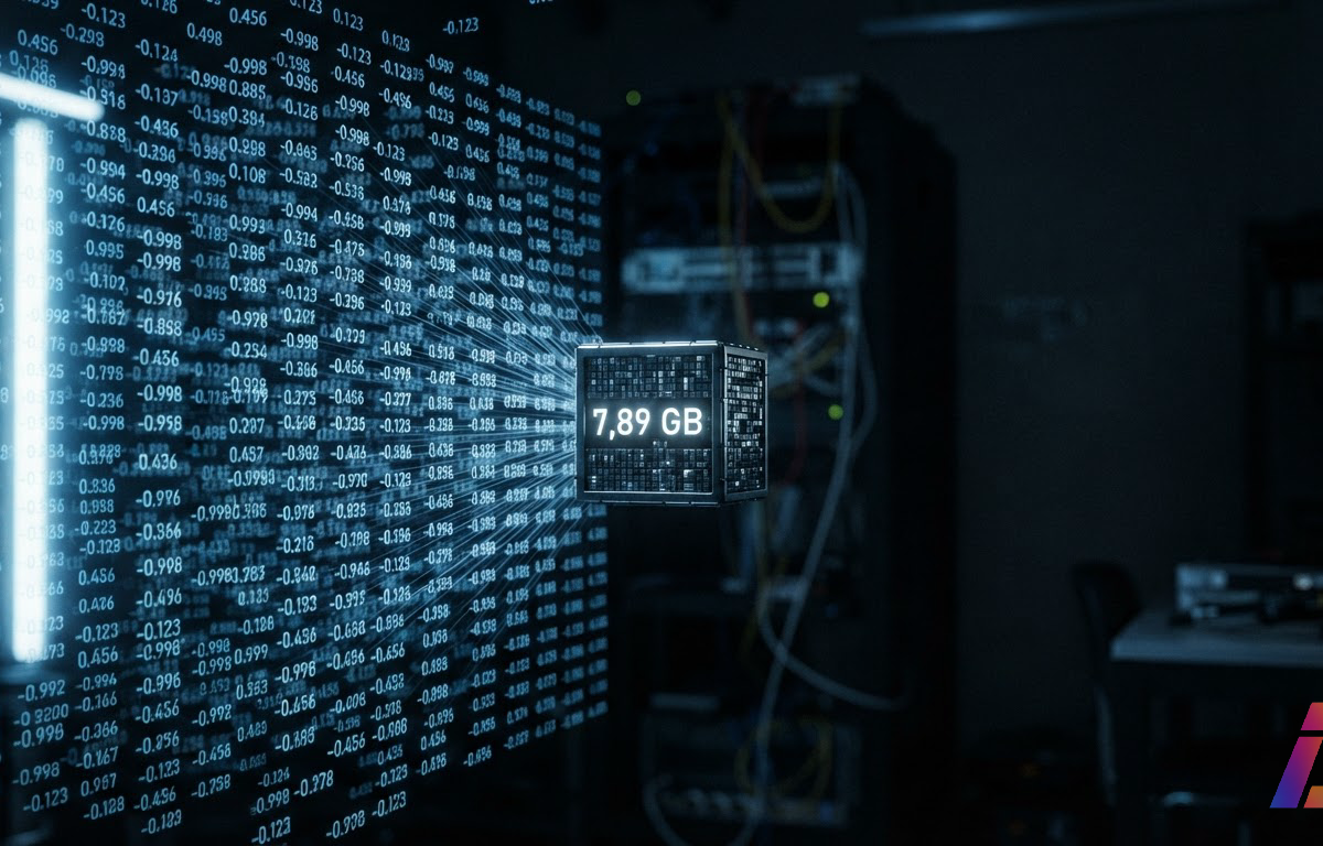Grade densa de pesos numéricos comprimida em um pequeno cubo rotulado 7,89 GB, sob luz lateral fria em fundo escuro, com espaço livre no canto inferior direito.
