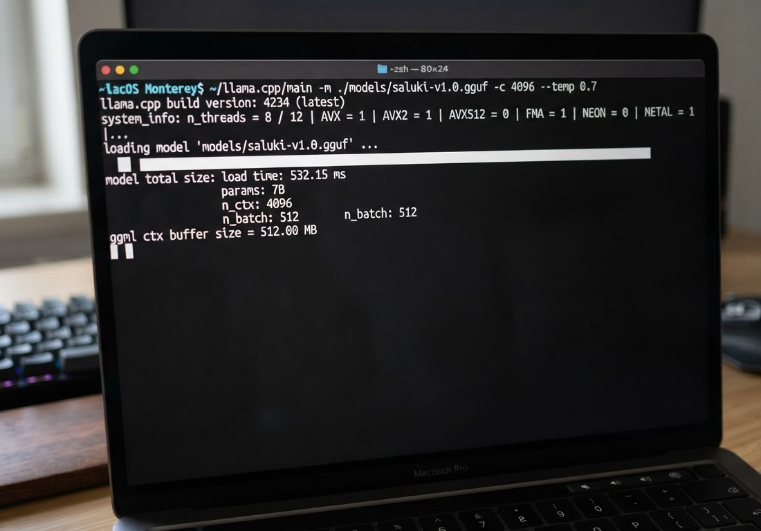 Janela de terminal exibindo o carregamento de um arquivo GGUF de 7,89 GB pelo llama.cpp, com o nome do modelo Saluki visível na listagem de arquivos.