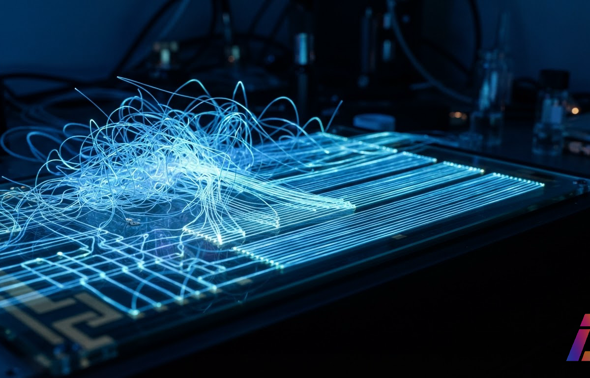 Emaranhado de finos fios luminosos que se reorganiza em camadas ordenadas de conexões, sobre fundo escuro azulado em fotografia macro de laboratório.