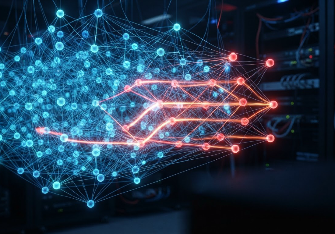 Rede neural com sinal luminoso percorrendo conexões de trás para frente, destacando sinapses ajustadas durante o cálculo de retropropagação