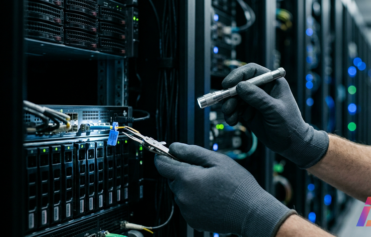 Mãos com luvas técnicas seguram uma ferramenta de extração e uma lanterna cirúrgica apontada para uma porta de fibra óptica em rack de data center.