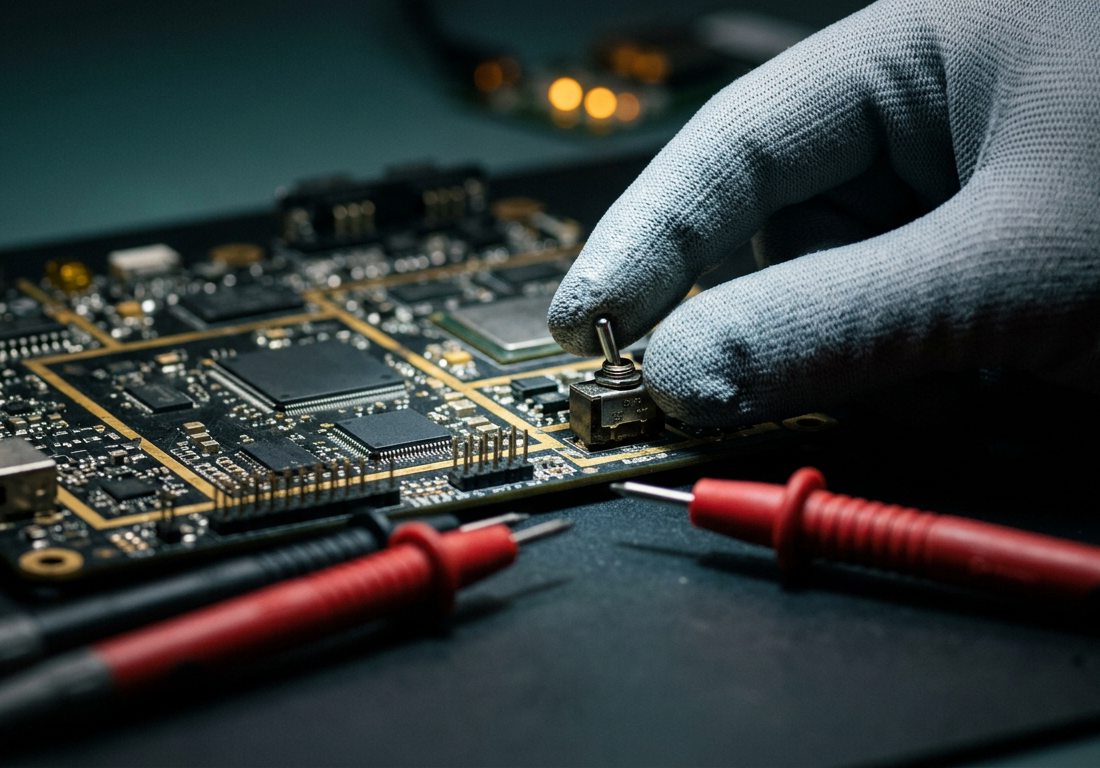 Close-up de mão com luva técnica prestes a acionar componente em placa de circuito, com pontas de teste de diagnóstico desconectadas em primeiro plano.