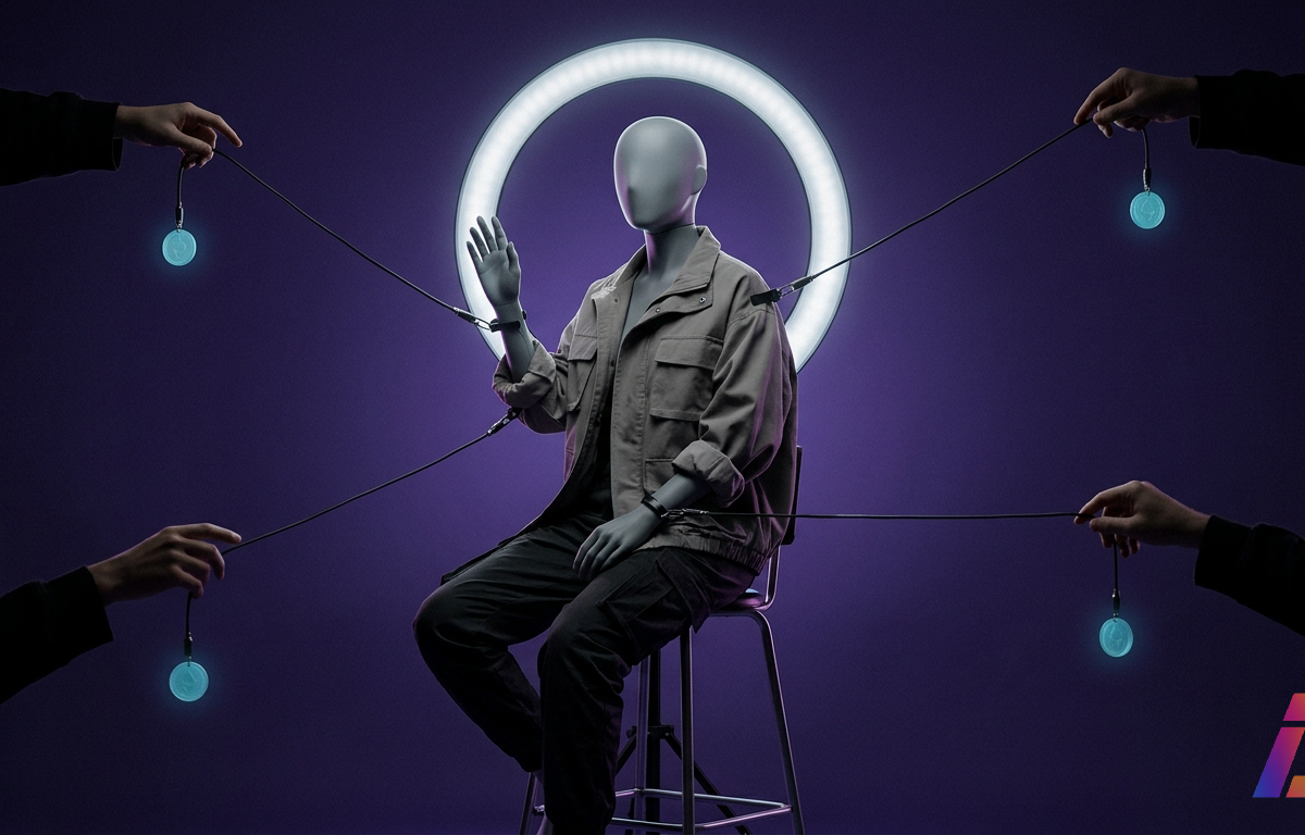 Figura androide esguia, sem traços faciais identificáveis e com jaqueta oversized neutra, sentada em banquinho alto em estúdio escuro, saudando com a mão esquerda erguida. Uma ring light acesa atrás dela forma um halo frio sobre fundo infin