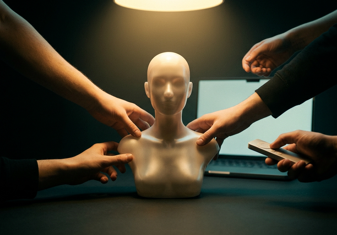 Fotografia editorial noturna em estúdio: busto de personagem artificial de superfície acetinada e sem traços de rosto repousa ao centro de uma mesa escura fosca, iluminado por foco quente âmbar de topo, enquanto mãos humanas reais entram pe
