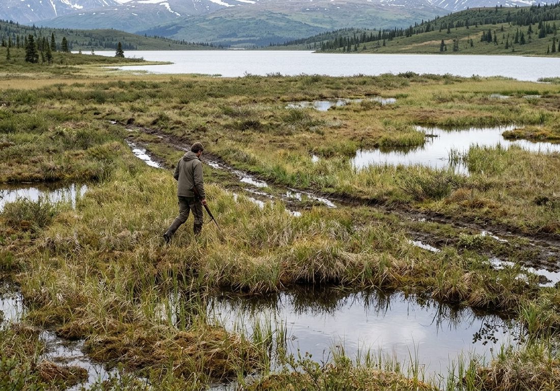 Área úmida com vegetação rasteira alagada e lago sereno sob luz natural difusa no Alasca