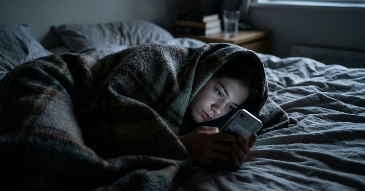 Adolescente sob um cobertor olhando para a tela de um celular, com a luz do aparelho iluminando seu rosto em ambiente escuro.