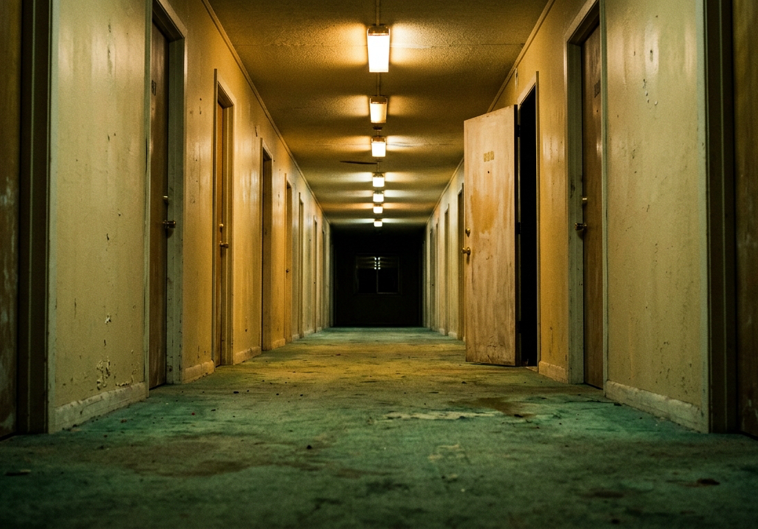 Corredor comprido e estreito de hotel de beira de estrada, fotografado de baixo com perspectiva frontal simétrica, com portas idênticas de madeira desbotada enfileiradas dos dois lados convergindo ao fundo. No terço direito, uma única porta