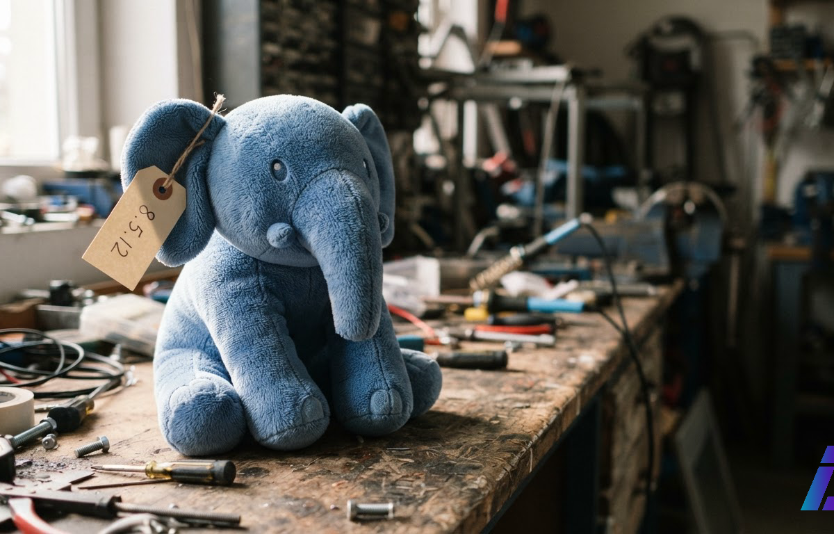 Elefante azul de pelúcia sobre bancada de oficina, com etiqueta de correção 8.5.12 presa à orelha, iluminado por luz lateral de fim de tarde