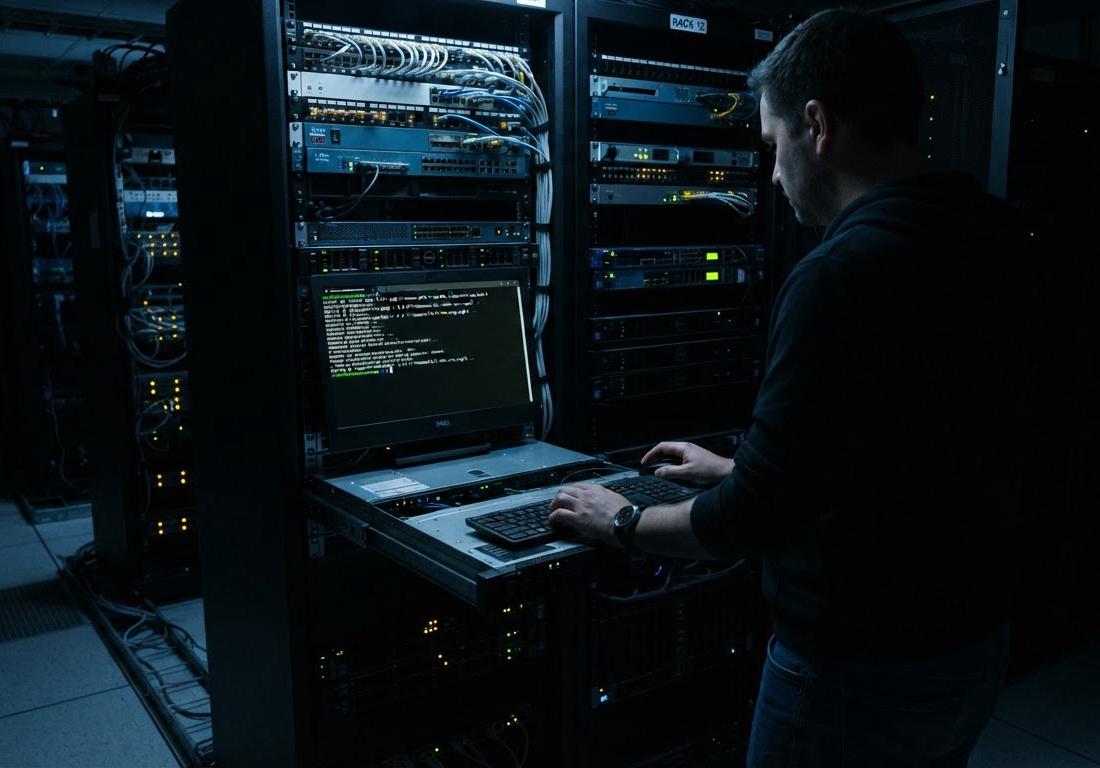 Administrador de sistemas, de costas, digita em um terminal diante de um rack de servidores em corredor técnico iluminado por luz fria durante a madrugada