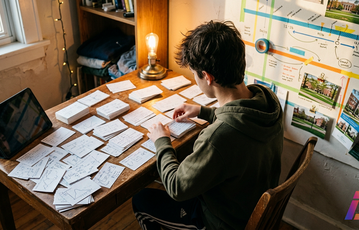 Adolescente de moletom, visto de costas em ângulo alto, senta à escrivaninha de madeira do quarto organizando flashcards manuscritos espalhados sobre a mesa, alguns empilhados e outros virados com gráficos rabiscados. Na parede ao fundo, um
